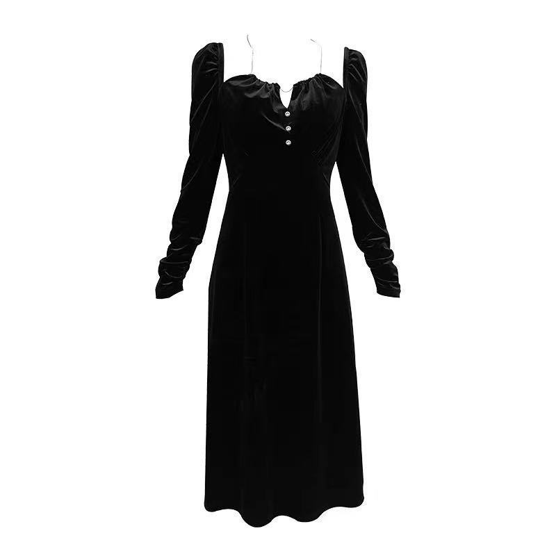Đầm nhung đen tay phồng phong cách Pháp thời trang mùa thu cho nữ