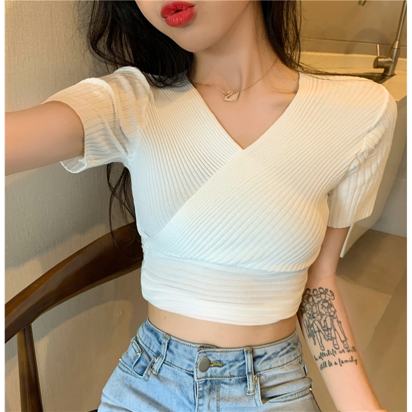 IELGY   Áo Thun Tay Ngắn Vạt Chéo Thời Trang Dành Cho Nữ