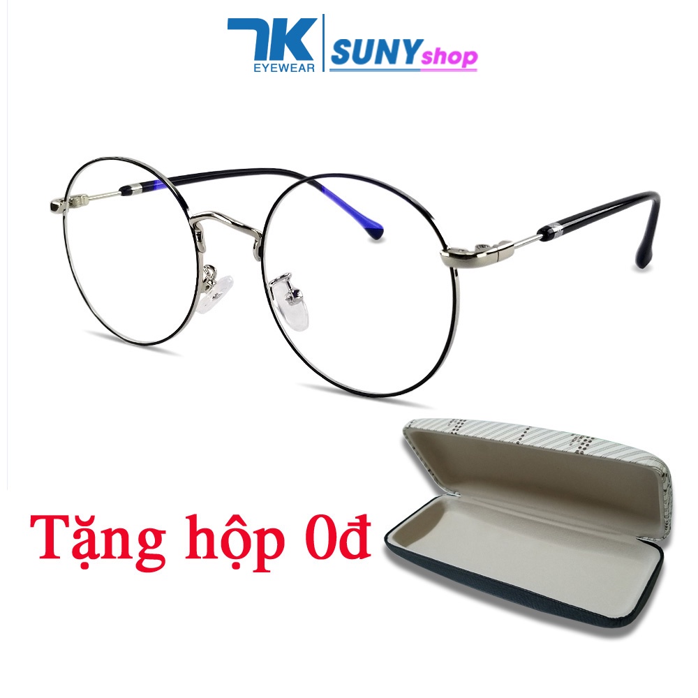 Gọng kính cận nữ, nam mắt tròn kim loại thời trang 7K1912 màu đen, vàng, bạc. Tròng 0 độ chống tia UV, ánh sáng xanh