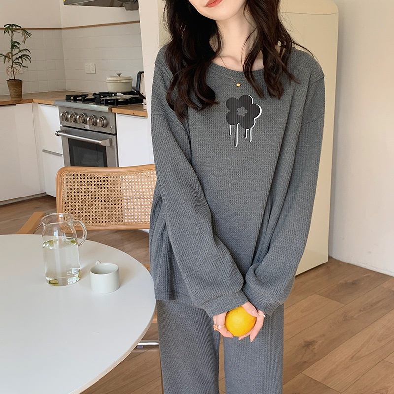 Đồ bộ bầu và sau sinh cho con bú thu đông họa tiết bông hoa quần có chun cúc điều chỉnh tiện lợi, chất cotton cao cấp