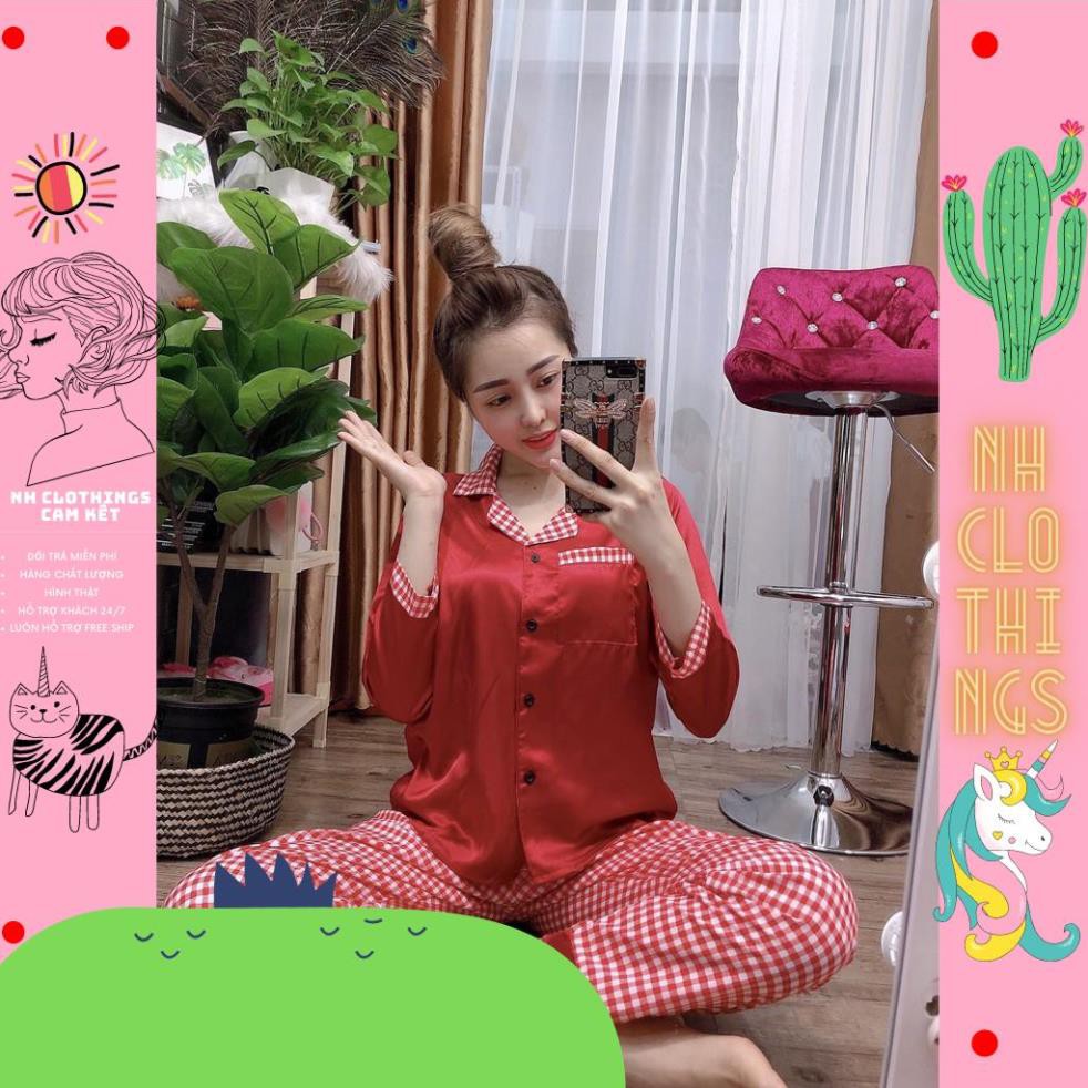 Bộ đồ mặc nhà, bộ đồ ngủ nữ Pijama phi lụa phối tay dài, quần dài free Size 40kg đến 60kg NH CLOTHINGS