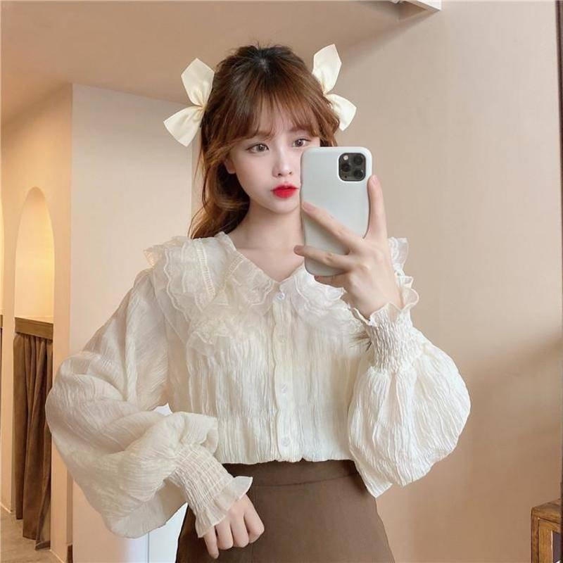Cute Lace Floral Women Shirt Pleated Doll Lapel Collar Long Sleeve Blouse Student Shirt