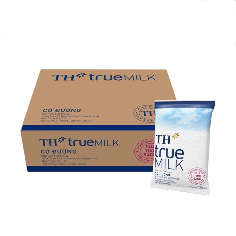 Thùng 48 bịch sữa tươi tiệt trùng có đường TH true MILK 220ml