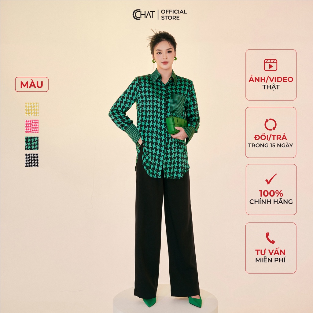 Áo Sơ Mi Nữ 𝐂𝐂𝐇𝐀𝐓 Họa Tiết Phối Một Bên Túi Chất Lụa Cao Cấp Phong Cách Trẻ Trung 12FDL8046ST