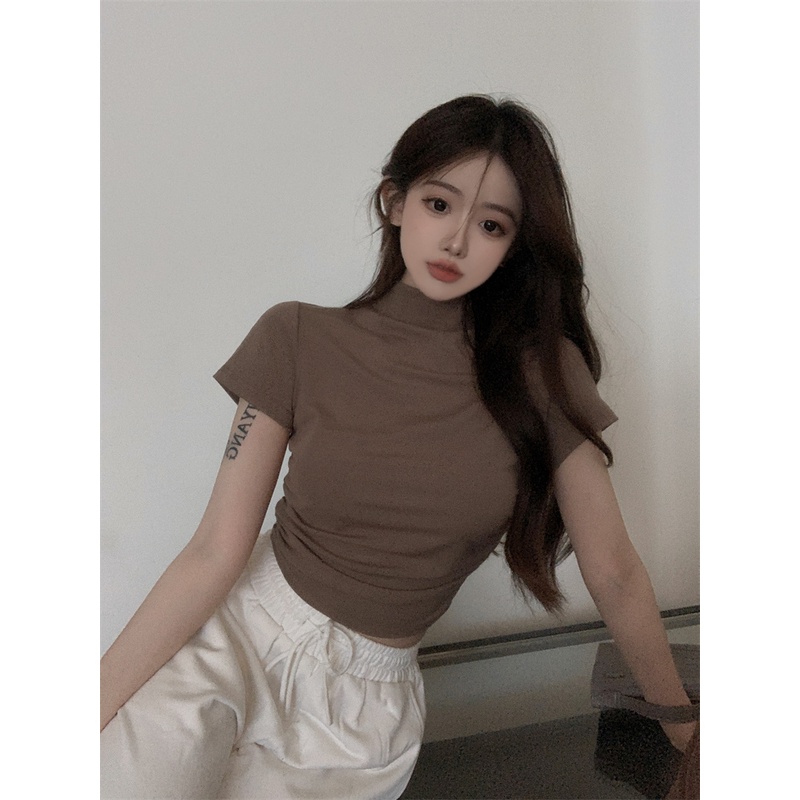 Áo Thun Lửng Cổ Cao Dáng Ôm Phong Cách Hàn Quốc Thời Trang Cho Nữ