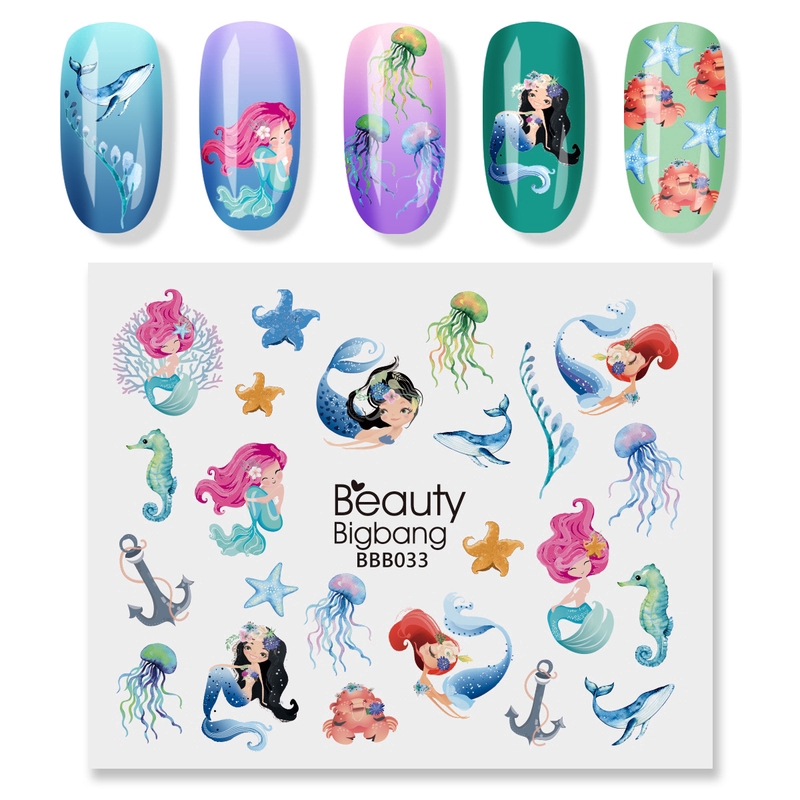 Tấm nhãn dán chuyển nước trang trí móng BeautyBigBang họa tiết trái cây/hoa/xương rồng/tiên cá
