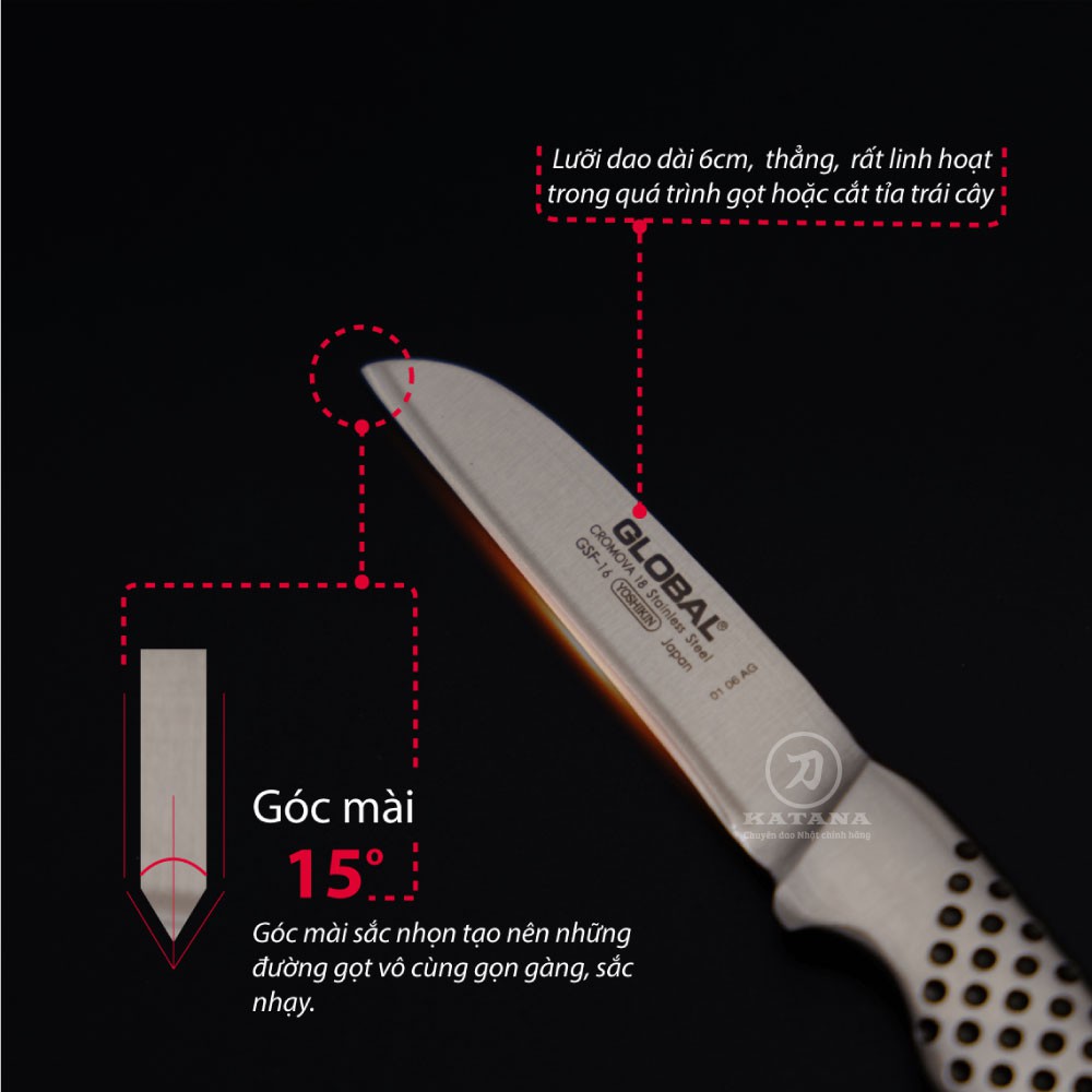 Dao bếp Nhật cao cấp Global GSF16 Peeling Knife, Straight - Dao bóc gọt hoa quả (60mm)