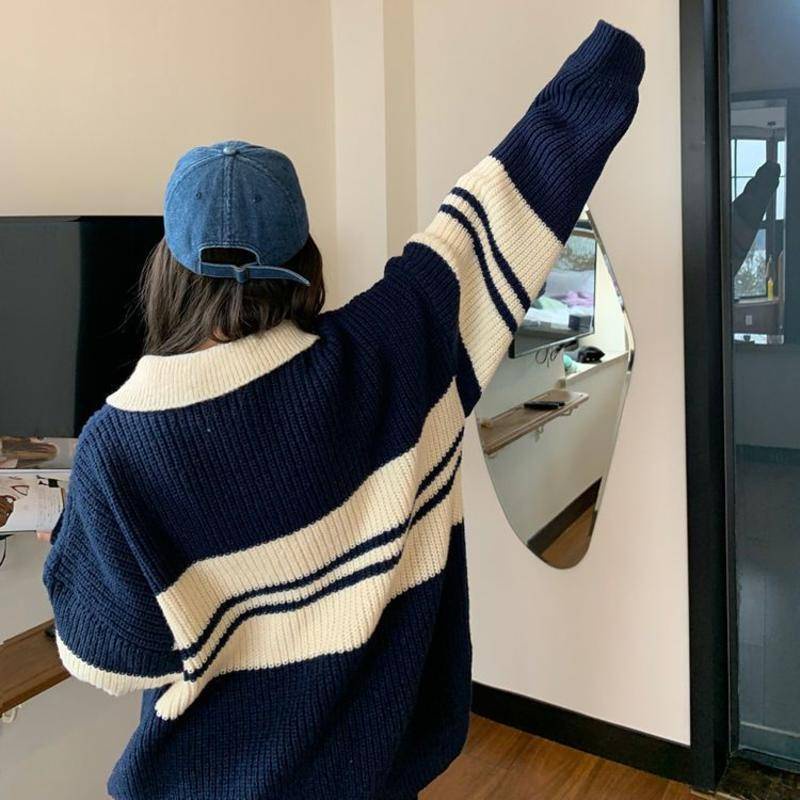 Áo Sweater Dệt Kim Cổ Polo Kẻ Sọc Xanh Dương In Họa Tiết Hoạt Hình Dày Dặn Ấm Áp