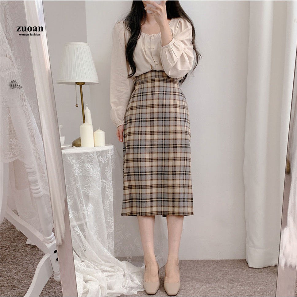 Bộ Áo Phối Ren Màu Trơn + Chân Váy Lưng Cao Sọc Caro Kiểu Hàn Quốc Xinh Xắn Cho Nữ quần áo