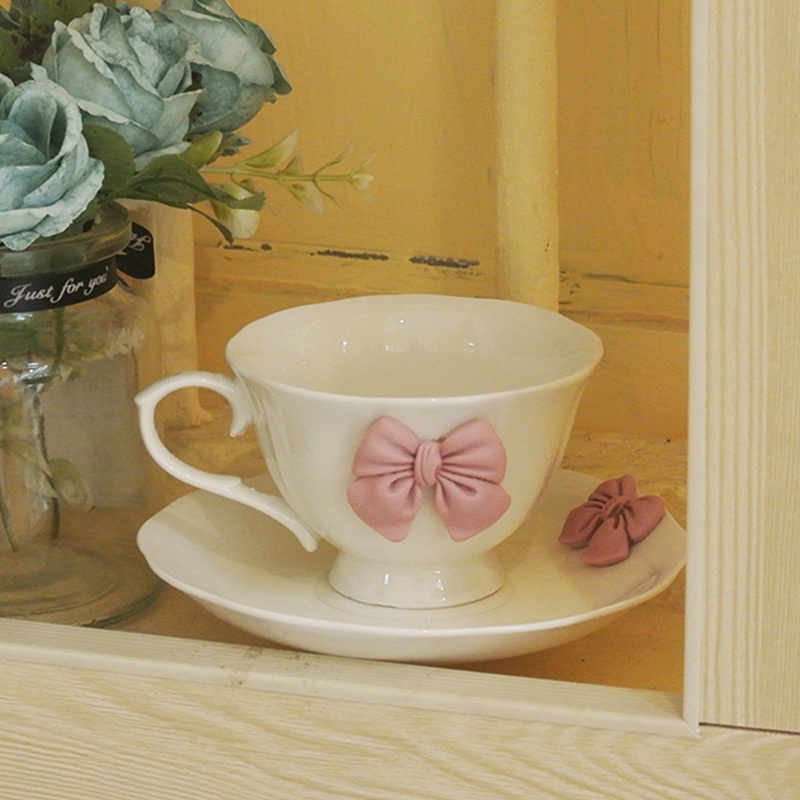 Bộ Tách Uống Trà/Cà Phê Bằng Gốm Sứ Họa Tiết Hoa Và Nơ Phong Cách Bắc Âu