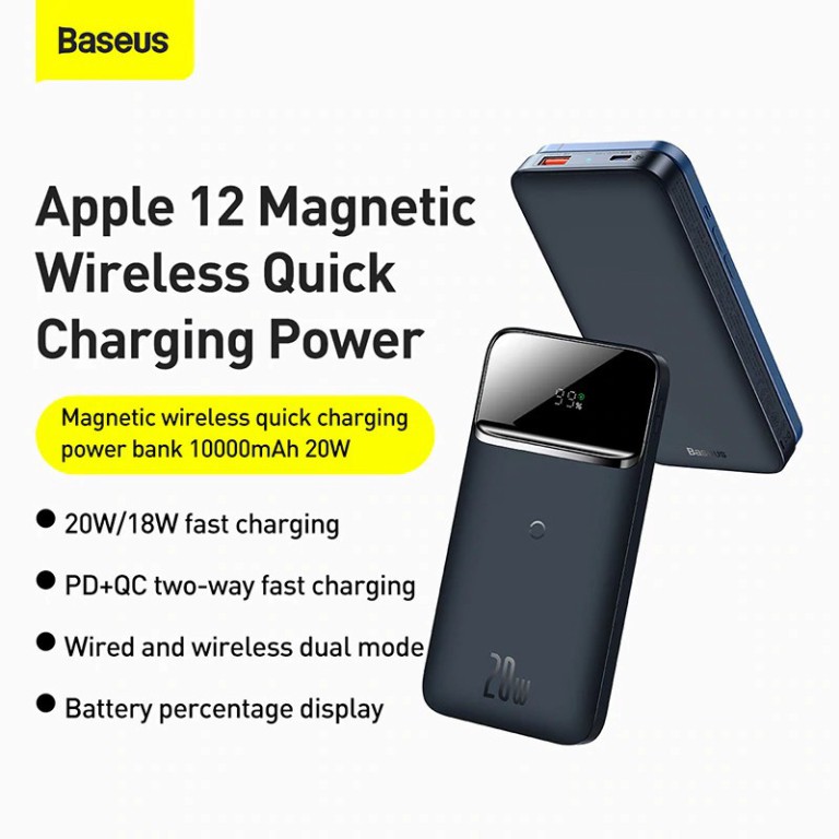 Pin dự phòng BASEUS Magnetic Wireless 20W max tích hợp sạc không dây nam châm 15W cho iPhone 12, Airpods