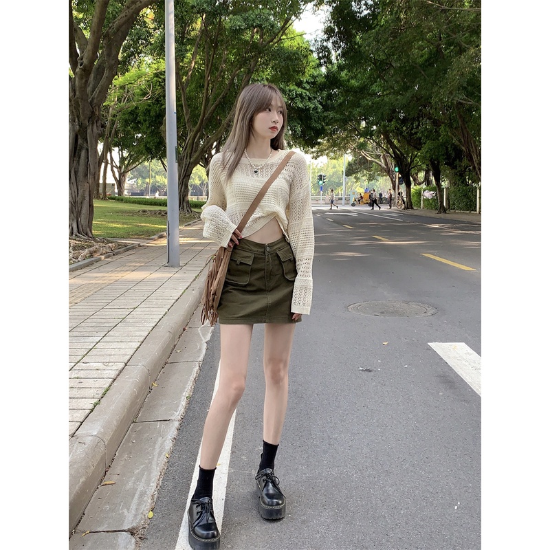 Cocory vn Set Áo Len Tay Dài Phối Chân váy jean Thời Trang Cho Nữ