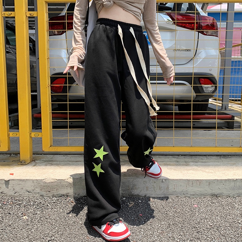 Quần thể thao ZHELIHANGFEI lưng cao ống rộng phong cách preppy thời trang cá tính