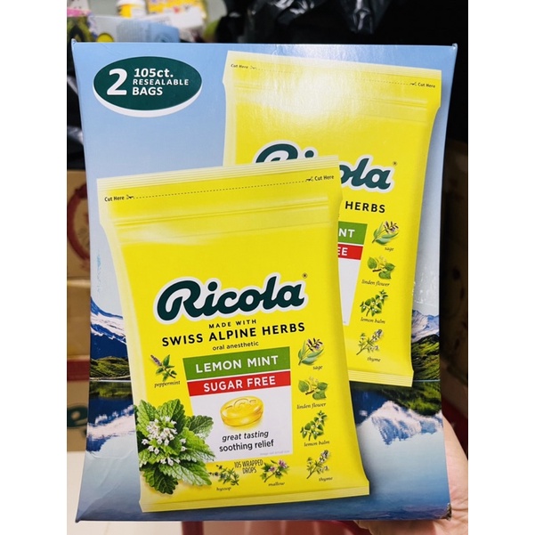 Set Kẹo RICOLA LEMONMINT ngậm ho không đường , có đường 105v