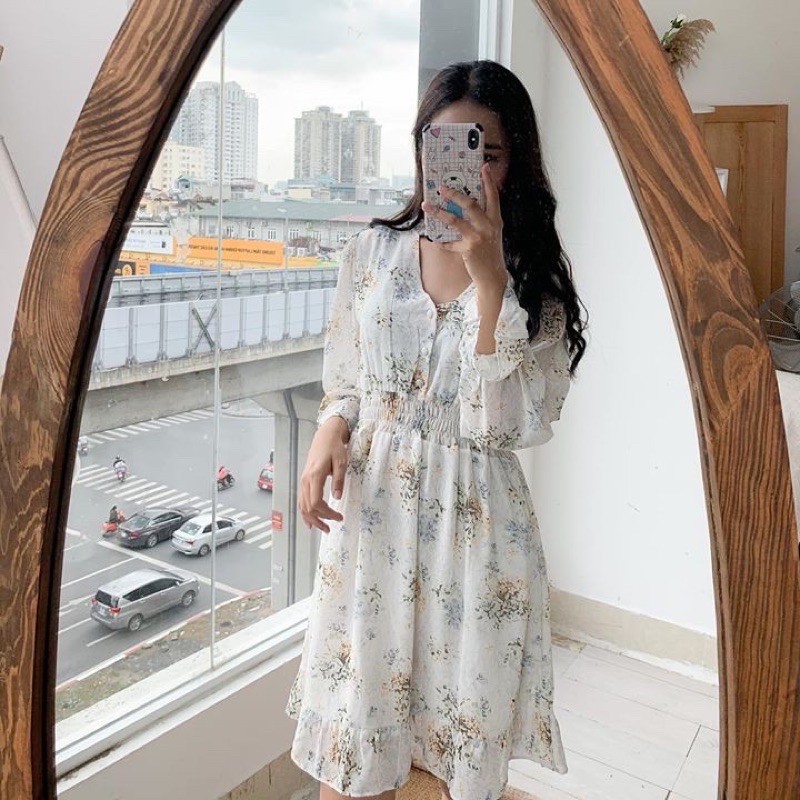 Váy Hoa Nhí Voan, Váy Vintage Hàn quốc cổ tim cúc bọc xinh Ulzzang (hình thậy/ sẵn) | BigBuy360 - bigbuy360.vn