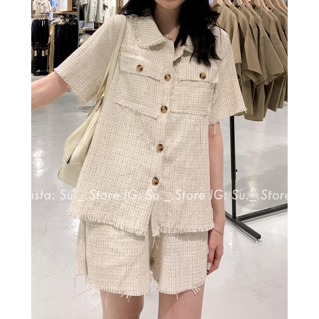 Set áo sơ mi dạ tweed túi trước kèm quần sooc tua rua S320 SUSTORE
