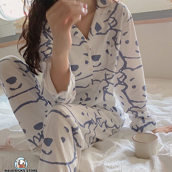 Bộ đồ ngủ họa tiết hoạt hình thời trang mùa thu 2021 cho nữ