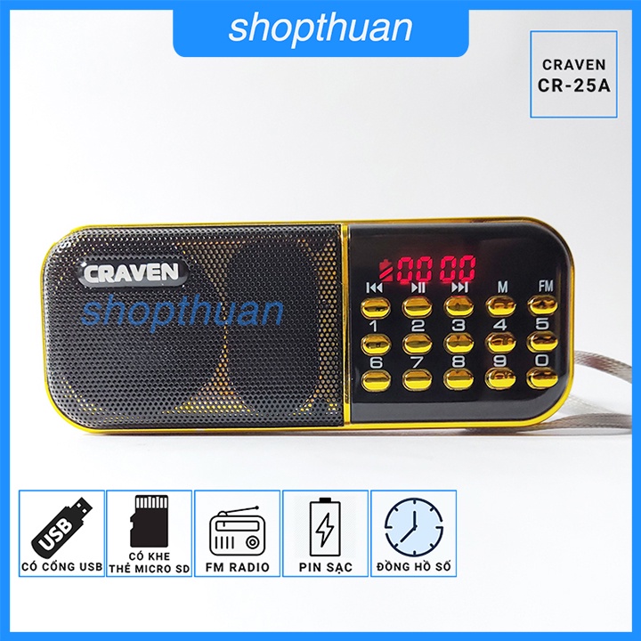 [Mã ELHACE giảm 4% đơn 300K] Loa Thẻ Nhớ Craven CR-25A 1 Pin Rời - Nghe USB, Thẻ Nhớ, FM Radio, Có Chế Độ Đồng Hồ