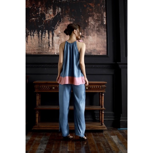 Set lụa culottes ống rộng cổ yếm đi chơi Infashion