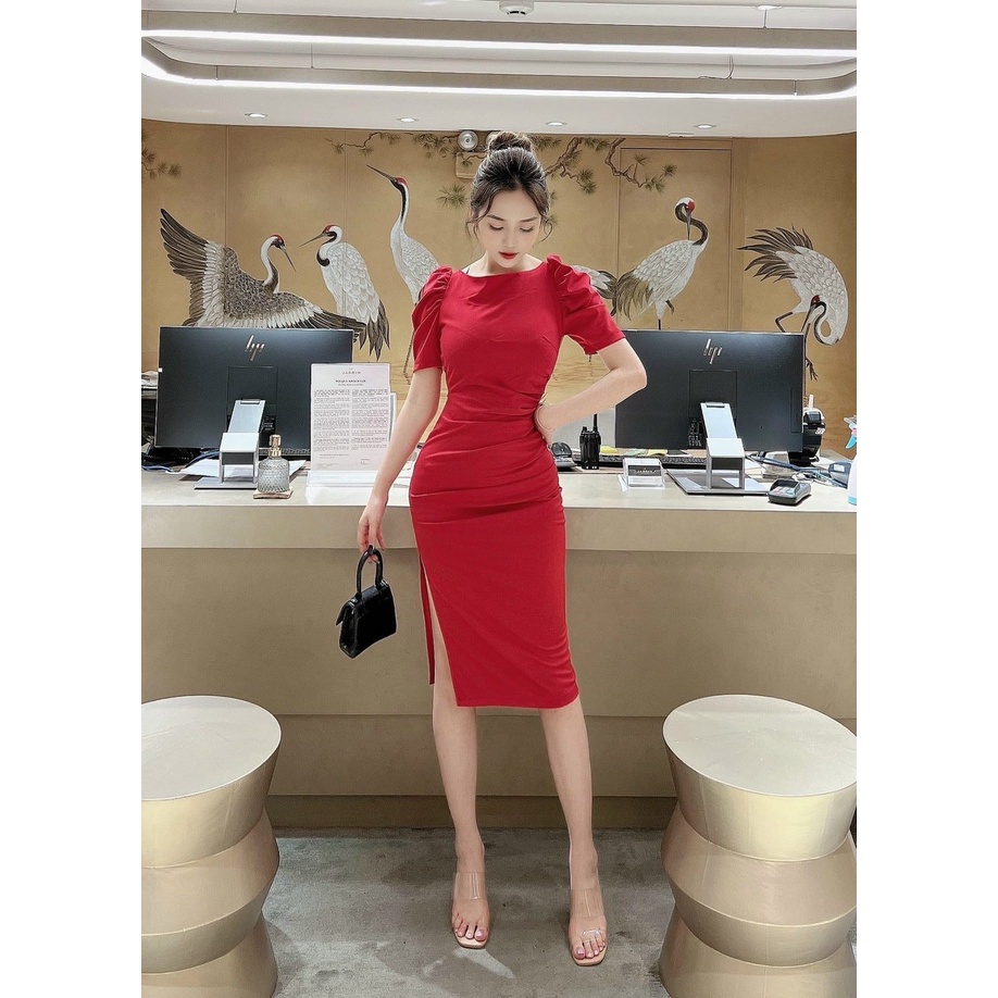 Đầm nữ Midi tay phồng xẻ tà màu sắc (Vàng, Trắng, Đen, Đỏ) thanh lịch, sang trọng thích hợp đi chơi, dự tiệc