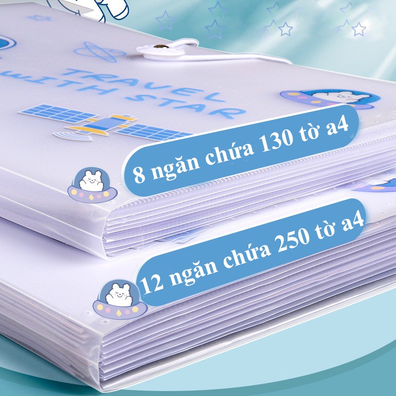 Túi đựng file tài liệu bài kiểm tra khổ A4, Bìa hồ sơ đựng đề cương A4 nút khóa gài 12 ngăn tiện lợi