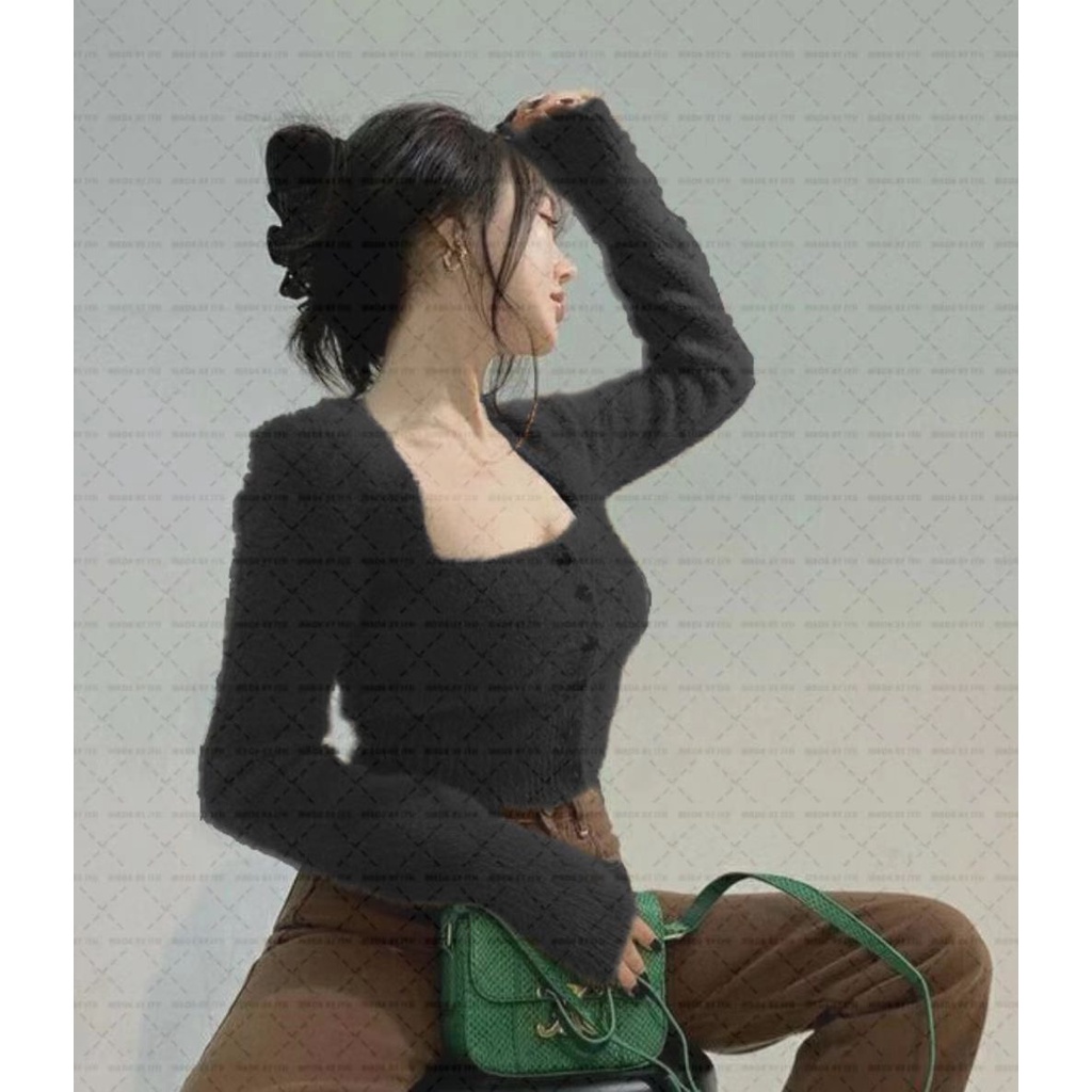 DUNEA Áo dệt kim cổ vuông thiết kế quyến rũ cho nữ