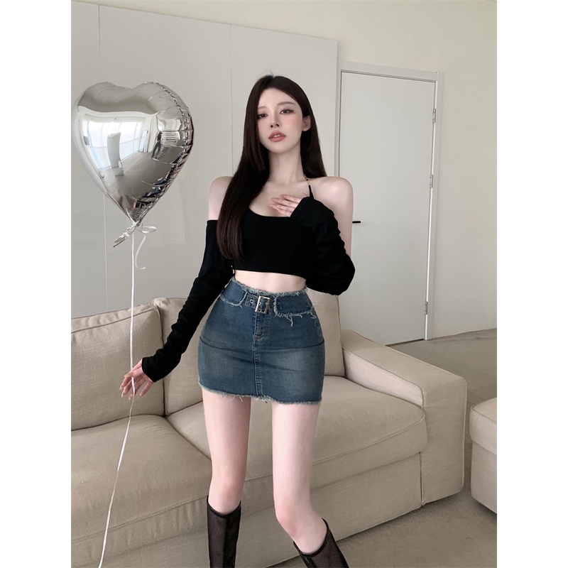 Cocory vn Chân váy jean Lưng Cao Dáng Chữ A Thời Trang Quyến Rũ Cho Nữ