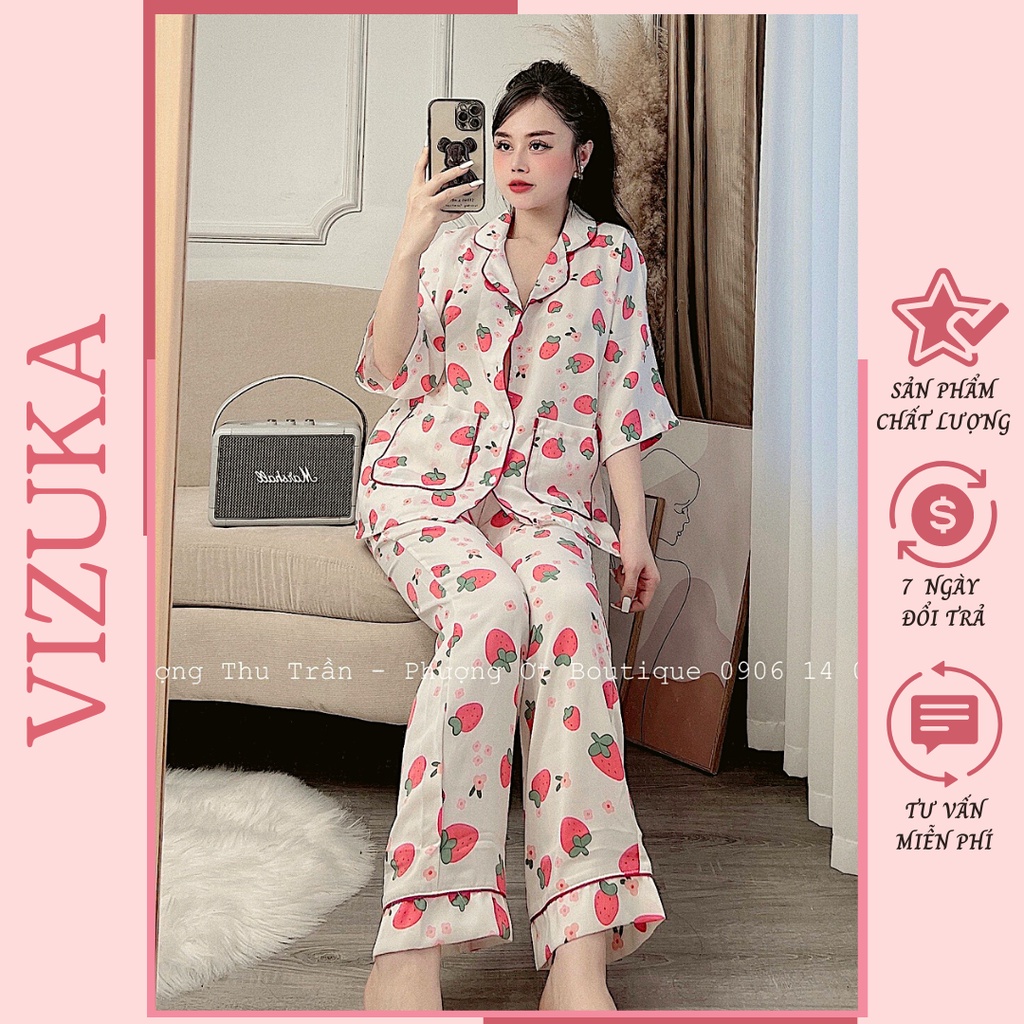 Đồ bộ nữ mặc nhà dễ thương tay ngắn quần dài pijama lụa VIZUKA