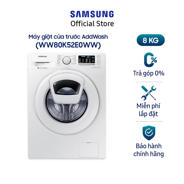 [Mã ELSS300 giảm 5% đơn 500K] Miễn phí công lắp đặt_Máy giặt Samsung AddWash Inverter 8 kg WW80K52E0WW/SV