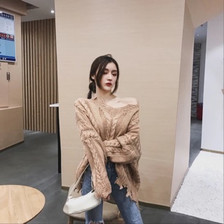 (Od10-12 days) Áo len rách 2 màu nâu - đen dáng rộng ❤️❤️❤️