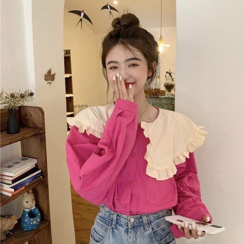 Áo Sơ Mi Dáng Rộng Cổ Búp Bê Màu Sắc Tương Phản Phong Cách Hàn Quốc Cho Nữ