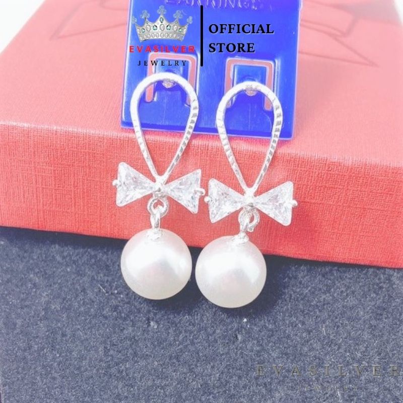 Bông tai bạc ta hình nơ đính hạt trai sang trọng - Trang sức bạc Evasilver