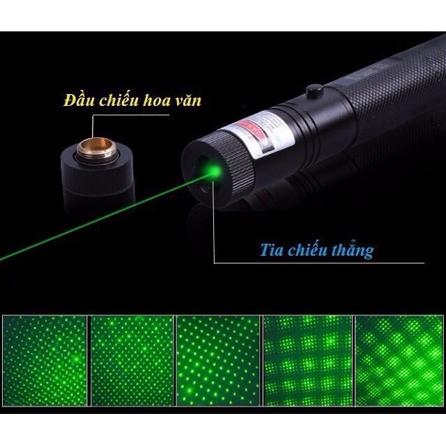 Đèn laser 303 tia xanh lá, có pin, có sạc, có chìa khóa an toàn, có đầu hoa văn, có hộp nhựa bảo quản
