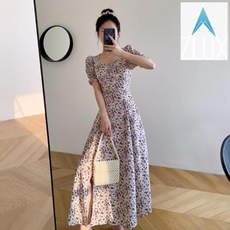 (ORDER) Váy maxi hoa nhí màu tím cổ vuông dáng dài thon eo tôn dáng style tiểu thư .
