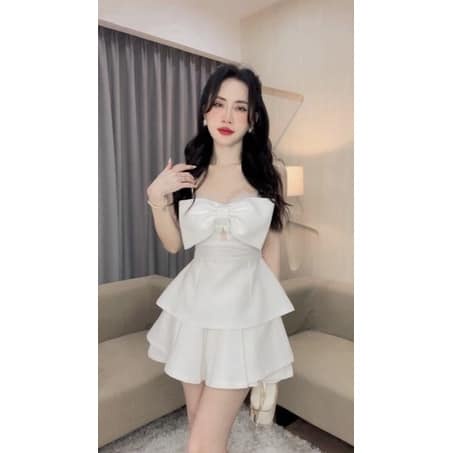 Set Thun Áo 2 Dây Trắng Nơ Ngực Phối Ren Kèm Short