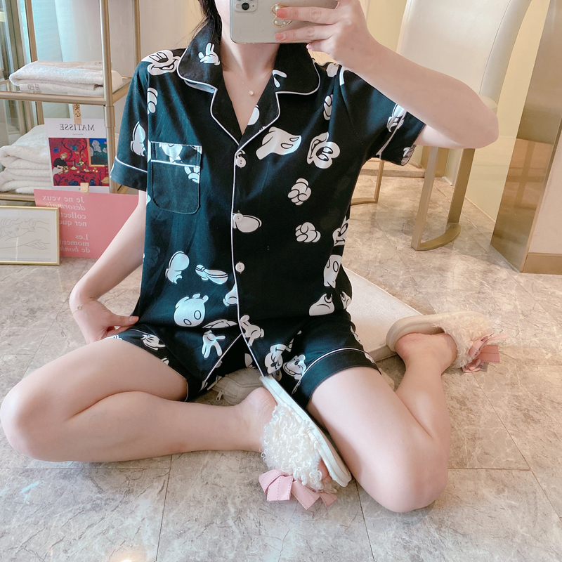 Bộ Đồ Ngủ Cotton Ngắn Tay In Hình Chuột Mickey Phong Cách Hàn Quốc Cho Nữ