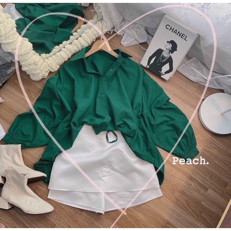 Set Áo Sơ Mi Xanh Kết Hợp Chân Váy Chữ A- Set Đi Chơi Ulzzang Dáng Rộng Dấu Quần