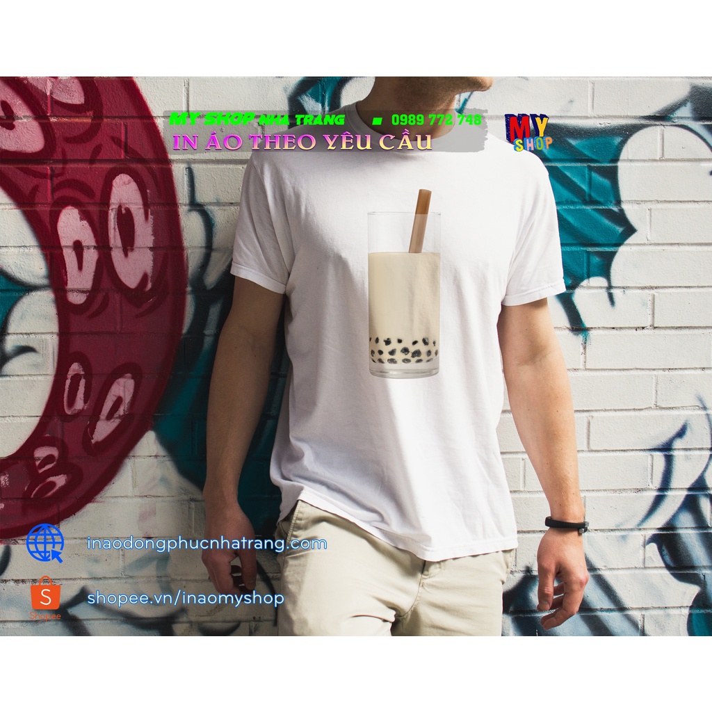 Áo thun in hình Ly trà sữa trân châu | form Basic cổ tròn