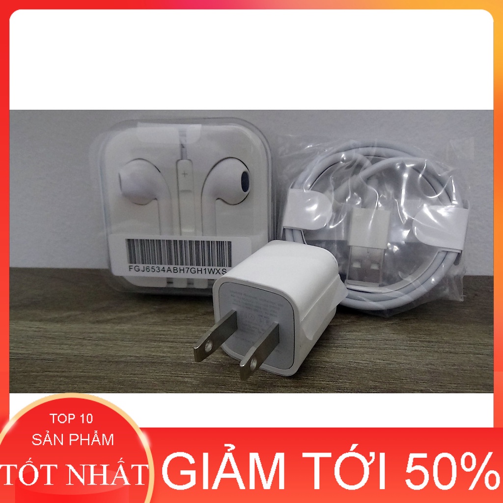 Rẻ vô địch - Combo bộ Sạc và tai nghe dành cho iPhone 5 (củ vuông, cáp màu trắng, tai nghe tặng hộp)