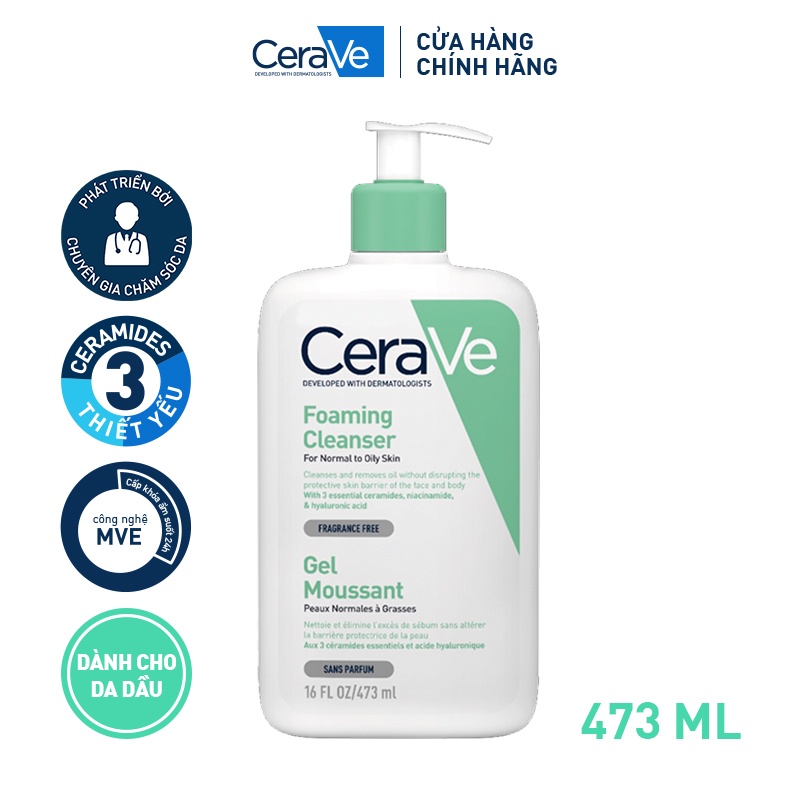 Sữa Rửa Mặt Làm Sạch Sâu Dành Cho Mọi Loại Da,Từ Da Thường,Da Dầu CeraVe Foam Cleanse Chai Lớn 473ML