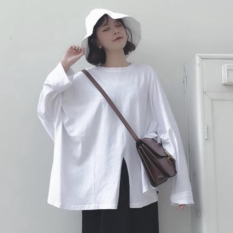 SUXI Áo thun Hàn Quốc dáng rộng dài tay màu trơn