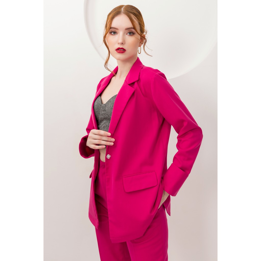 Áo blazer lật lai tay màu hồng fuscia vải kaki Gunich