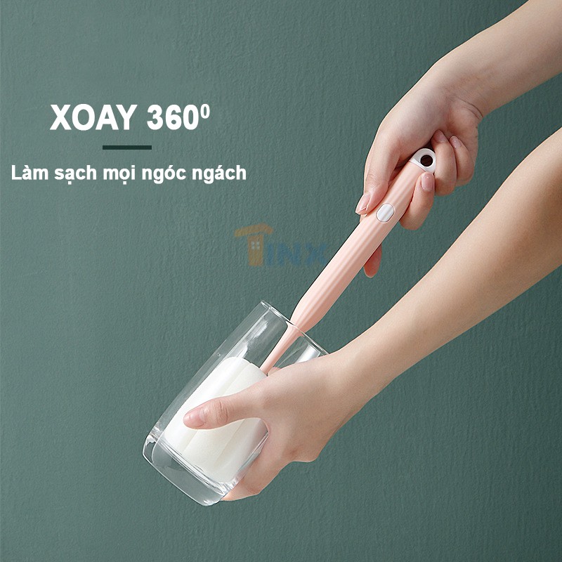 Cọ mút rửa ly cốc đầu bọt biển có tay cầm dài xoay 360 độ - Bàn chảy rửa bình sữa, chai tiện dụng