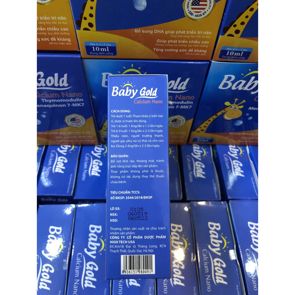 Baby Gold Calcium bổ sung canxi, chống còi xương suy dinh dưỡng, hộp 20 ống