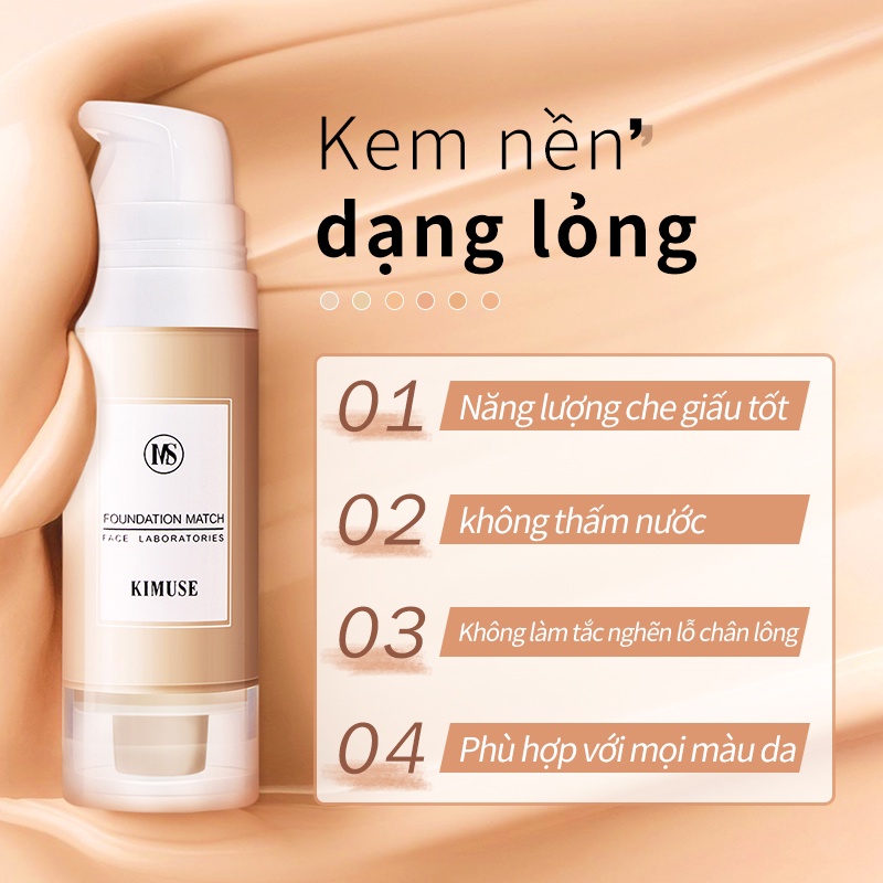 Kem nền KIMUSE lâu trôi chống thấm nước và mút tán kem 50g tiện dụng