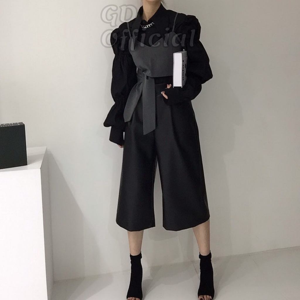 A81|Áo sơ mi nữ cotton công sở dài tay phồng suông rộng, croptop yếm hai dây thắt lưng cách địu xám, đen GD Official