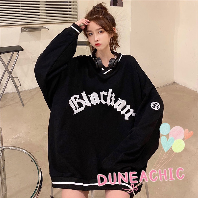 DUNEA Áo Nỉ Cổ Chữ V Thêu Chữ Quyến Rũ Trẻ Trung Cho Bạn Gái