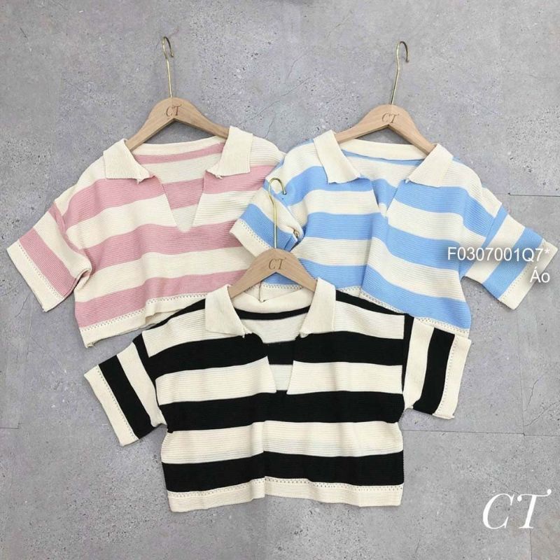 Áo len sọc croptop cổ bẻ tay ngắn hàng Quảng Châu 0307