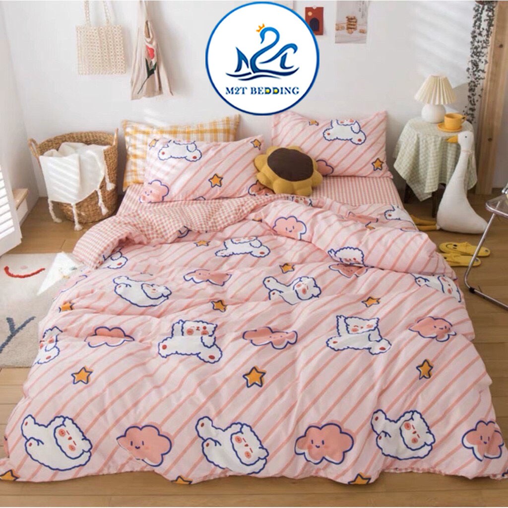 Bộ vỏ chăn ga gối Cotton Poly M2T bedding gấu hồng phối sọc, vỏ chăn mền, drap giường và 2 vỏ gối