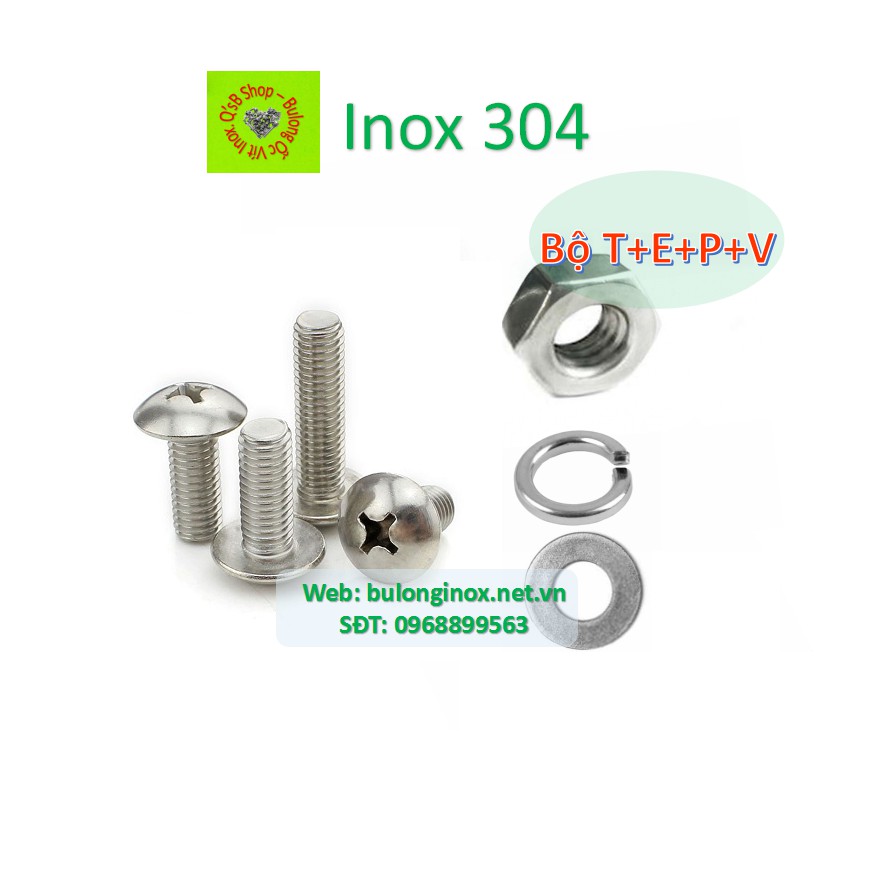 Vít pake đầu dù inox size M4 và M5  bộ T+E+P+V , ốc 4 cạnh đầu dù  inox, ốc vặn tua vít đầu dù thân bulong, inox 304